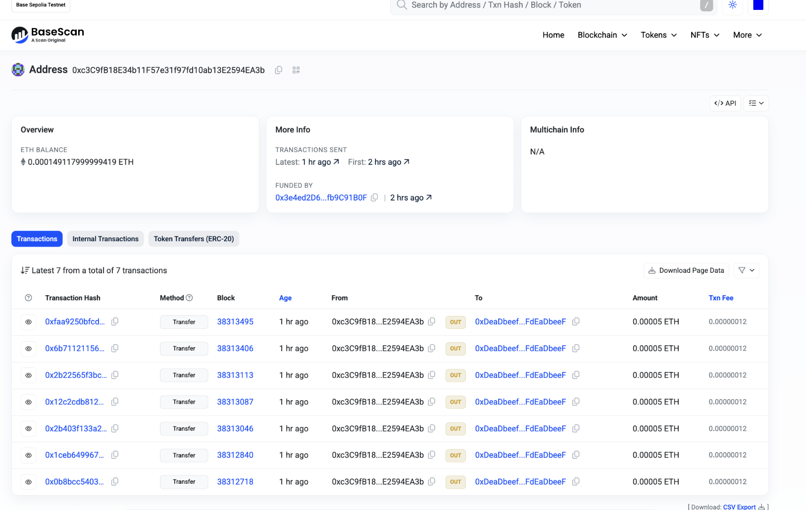 Figure 1. Base Sepolia victim wallet history showing repeated outbound transfers.